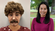 Side-by-side photos show Mei Lee Ngan disguised with a wig, moustache and makeup (left) and as her normal, smiling self (right). 