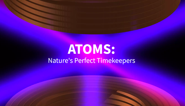 Image shows pink laser-like light crossing and reads: Atoms: Nature's Perfect Timekeepers.