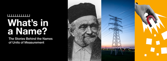 Drawing of Wilhelm Weber, an electricity transmission tower, and a magnet: What's in a Name? The Stories Behind the Names of Units of Measurement. 