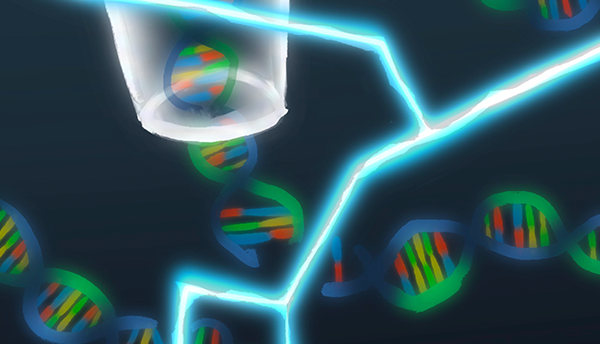 Illustration of DNA molecules entering a tube with lightning bolt in foreground