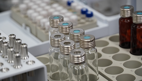 Custom trays hold different kinds of vials for the mass spectral database laboratory.