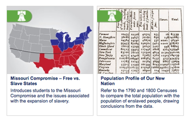 Screenshot of Statistics in Schools activities that focus on high school history skills.