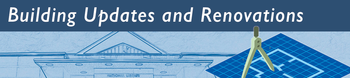 NLM Construction at NLM with image of blue print and compass.