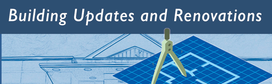 NLM Construction at NLM with image of blue print and compass.