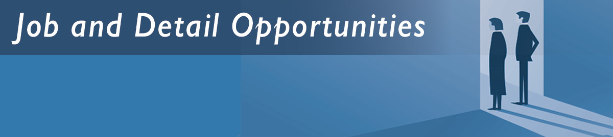 Graphic describing job and detail opportunities with a pair of figures on the right standing in front of an open door.