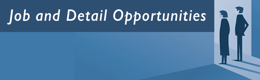 Graphic describing job and detail opportunities with a pair of figures on the right standing in front of an open door.