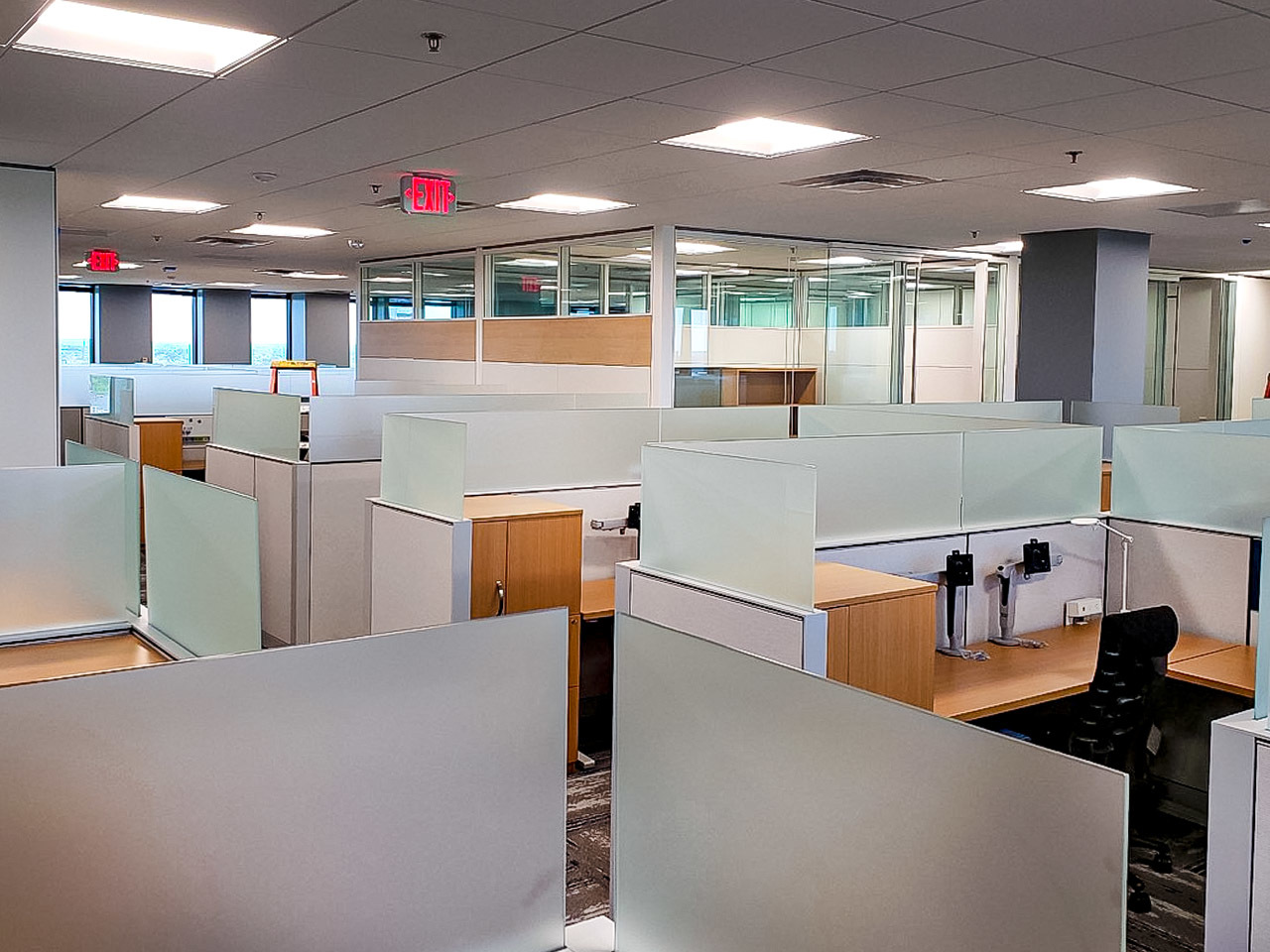Photo of Building 38A 9th floor renovation finishing touches. Cubicle offices are shown.