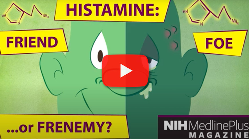 Screenshot of NLM Histamine YouTube video that shows a green cartoon character with a bunny nose