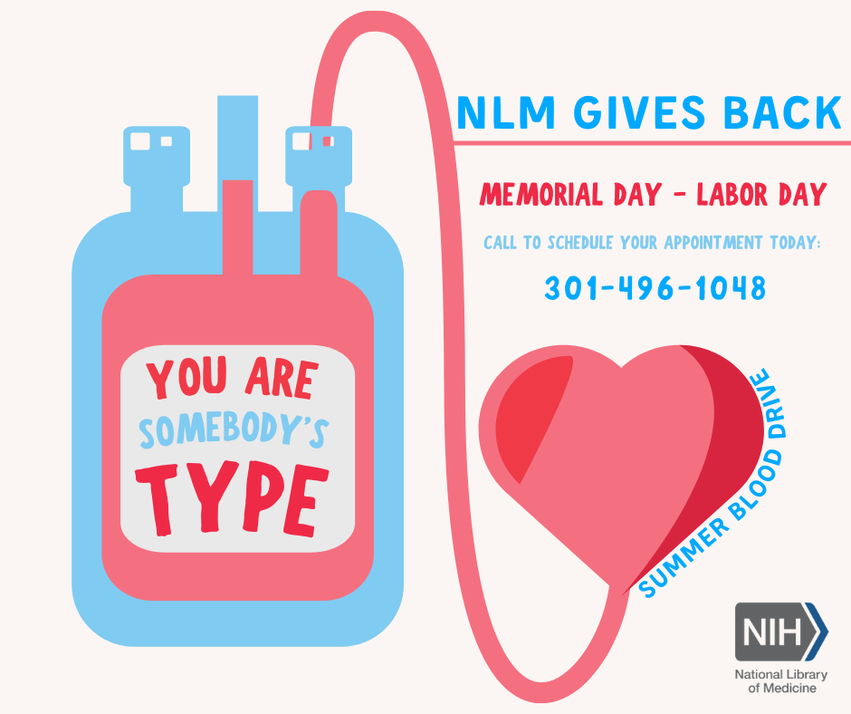 NLM Gives Back Summer Blood Drive Memorial Day - Labor Day Campaign. Call to schedule your appointment today at (301) 496-1048 with bloodbag graphic.
