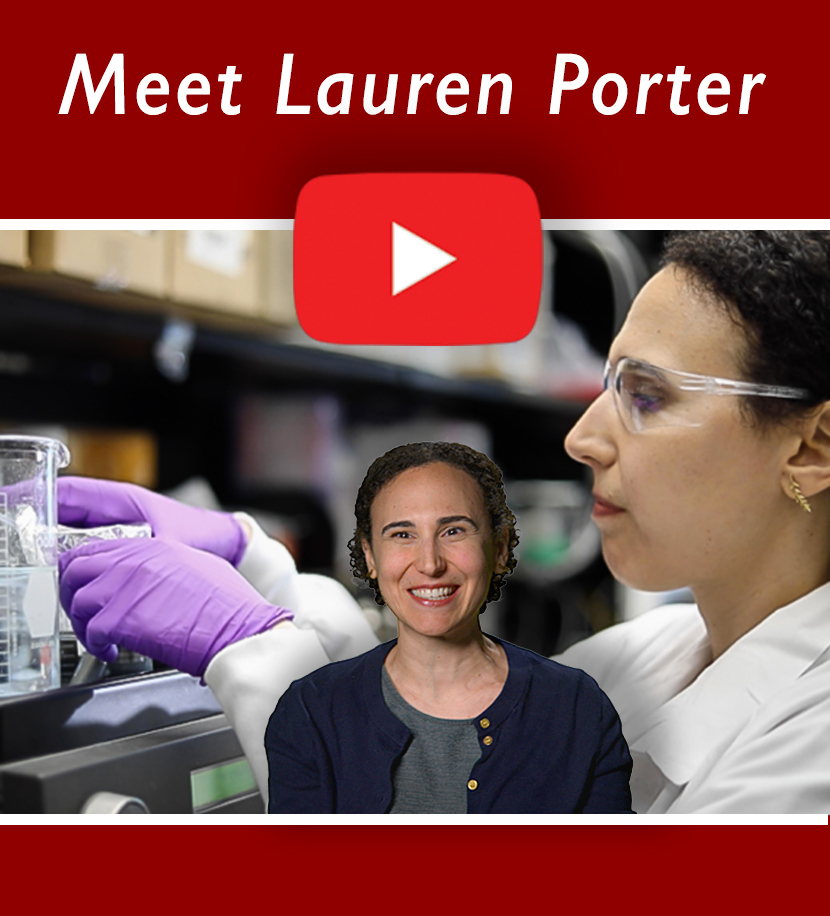 HMD on YouTube graphic showing a portrait of Lauren Porter and another photo of her working in lab with a YouTube play button