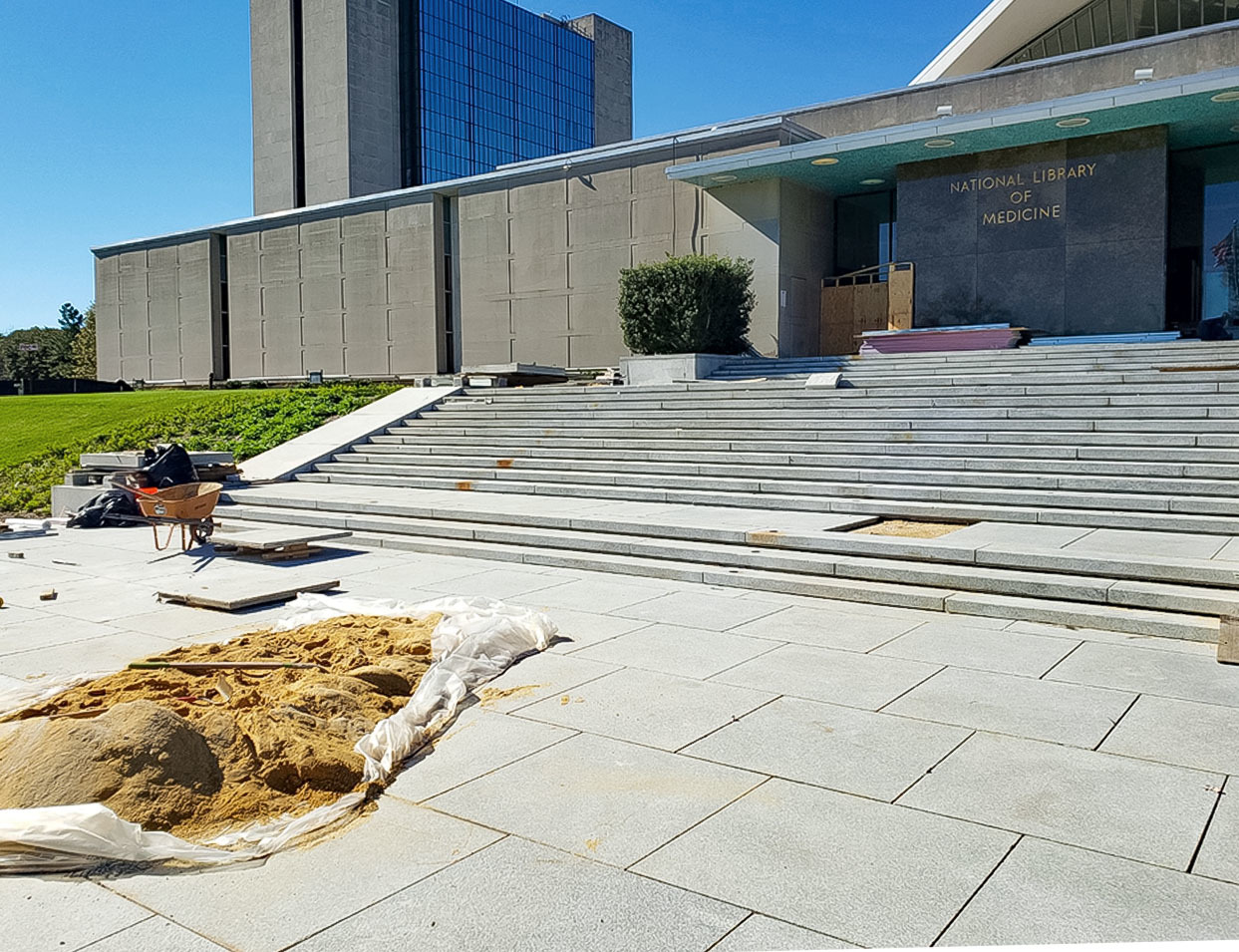 Building 38 front plaza improvements. Select stonework leveling and replacement. New hand rails forthcoming.