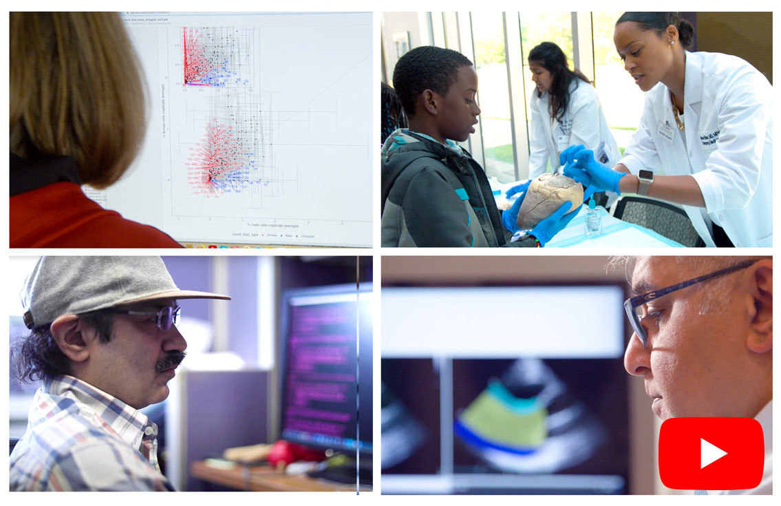 4 photos that show research at NLM. They are: a woman viewing data; medical care for young patient; researchers looking computer