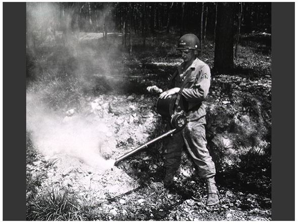 Soldier operating a hand rotary-blower to apply mosquito larvicide