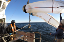 Deckhands Lindsey Houska and Aaron Walton retrieving plankton bongo nets. Photo: NOAA Fisheries
