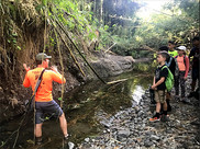 A science educator stands in a small creek explaining water runoff issues to a group of kids on the creek bank.