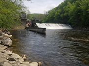 Water flows over Fiske Mill dam, the first hydroelectric project on the Ashuelot River. 