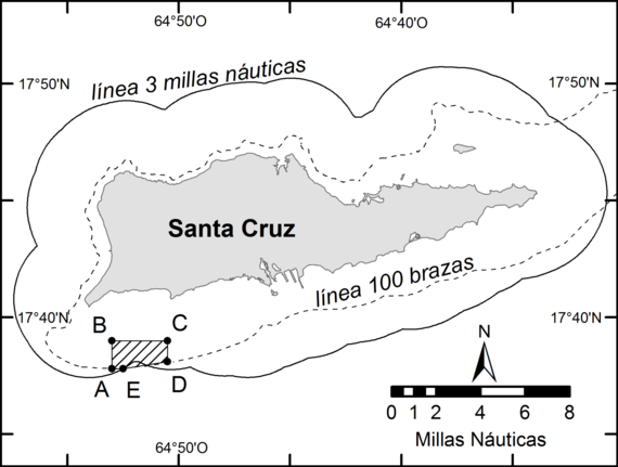 Mapa demarcando el Área de Desove de la Sama en Santa Cruz, Islas Vírgenes Estadounidenses.