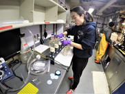 Yuan Liu filters water samples on the NOAA Ship Gordon Gunter during the fall Ecosystem Monitoring survey. Photo: NOAA Fisheries
