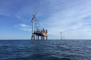 The Block Island wind farm, the first commercial wind farm in the United States, under construction in 2016.