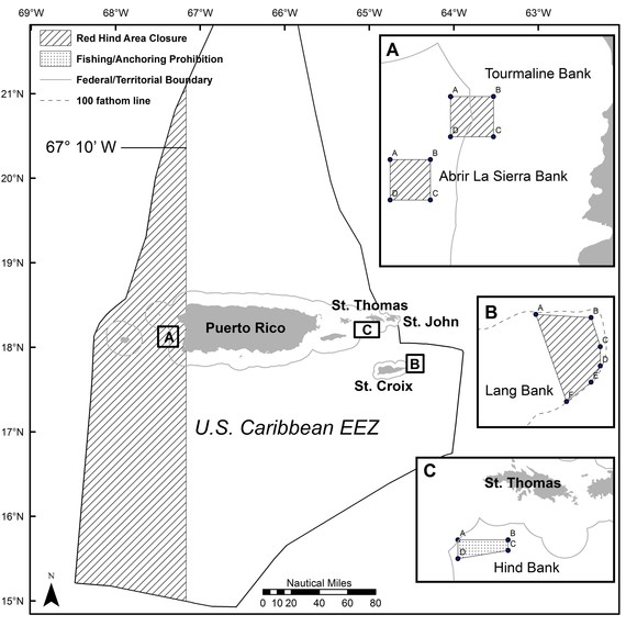 Location of seasonal and areal closures for red hind grouper in Puerto Rico and the U.S. Virgin Islands