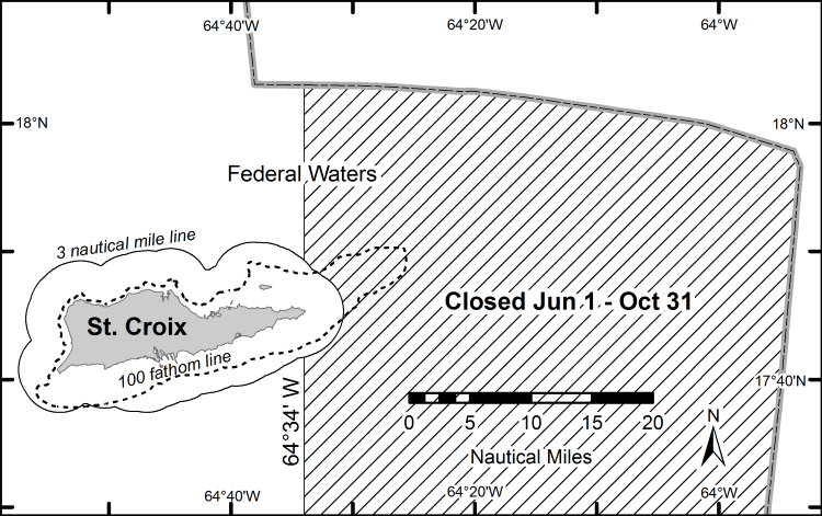 Queen conch seasonal closure area in federal waters east of St. Croix, U.S. Virgin Islands.