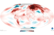 Map of Earth showing where temperatures were higher (red) or lower (blue) than average for March 2020. 