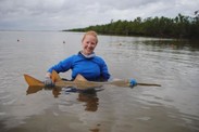 Andrea handling an endangered smalltooth sawfish after capture. 