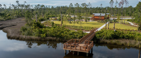 Aerial image of a park and recreational pier jetting out into a bay in the Gulf of Mexico. Credit: City of Lynn Haven, FL