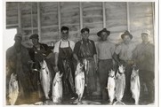 California Historical Society black and white photo of fishermen holding salmon
