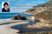 A thumbnail image of Dr. Nancy Foster inset into the upper left corner of a landscape of a river draining into an ocean.