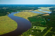 Aerial view of river with wetlands interspersed with residences and agricultural and forested areas on both sides