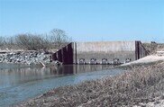 A concrete structure is built across a marshy waterway