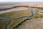Aerial view of restored floodplain habitat and agricultural property near Sacramento, California