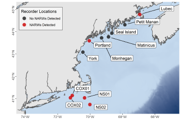 chart showing acoustic stations in the ocean off the Northeastern U.S.