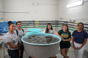 young people gathered around a tub of water in a laboratory