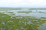 An aerial view of the Long Point Bayou marsh creation site. Credit: Louisiana Coastal Protection and Restoration Authority