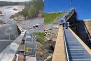 Two views of the Blewett Falls eelway: looking upstream and at a rectangular steel structure. Credit: Justin Dycus/Duke Energy.