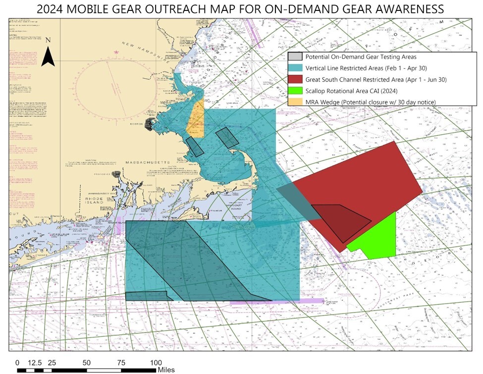 Chart showing 2024 experimental fisher areas off Massachusetts and Rhode Island.