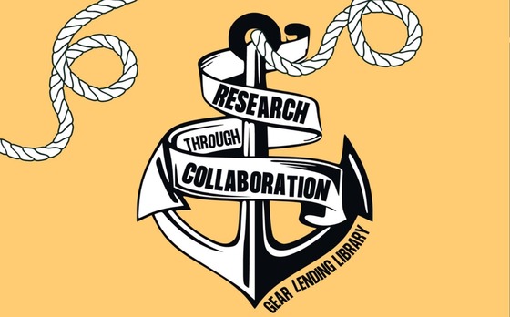 A black and white anchor on a gold background with the words "research through collaboration" on a ribbon around the anchor shaft