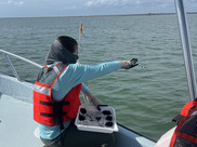 A woman on boat distributes eelgrass seeds over water.