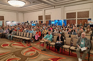 people sitting in a hotel meeting room, facing the camera