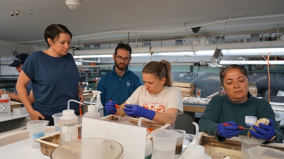 Left to right: Lisa Milke (NEFSC), Zach Gordon (NEFSC/CT SG), Katie McFarland (NEFSC) and Dina (USDA ARS)