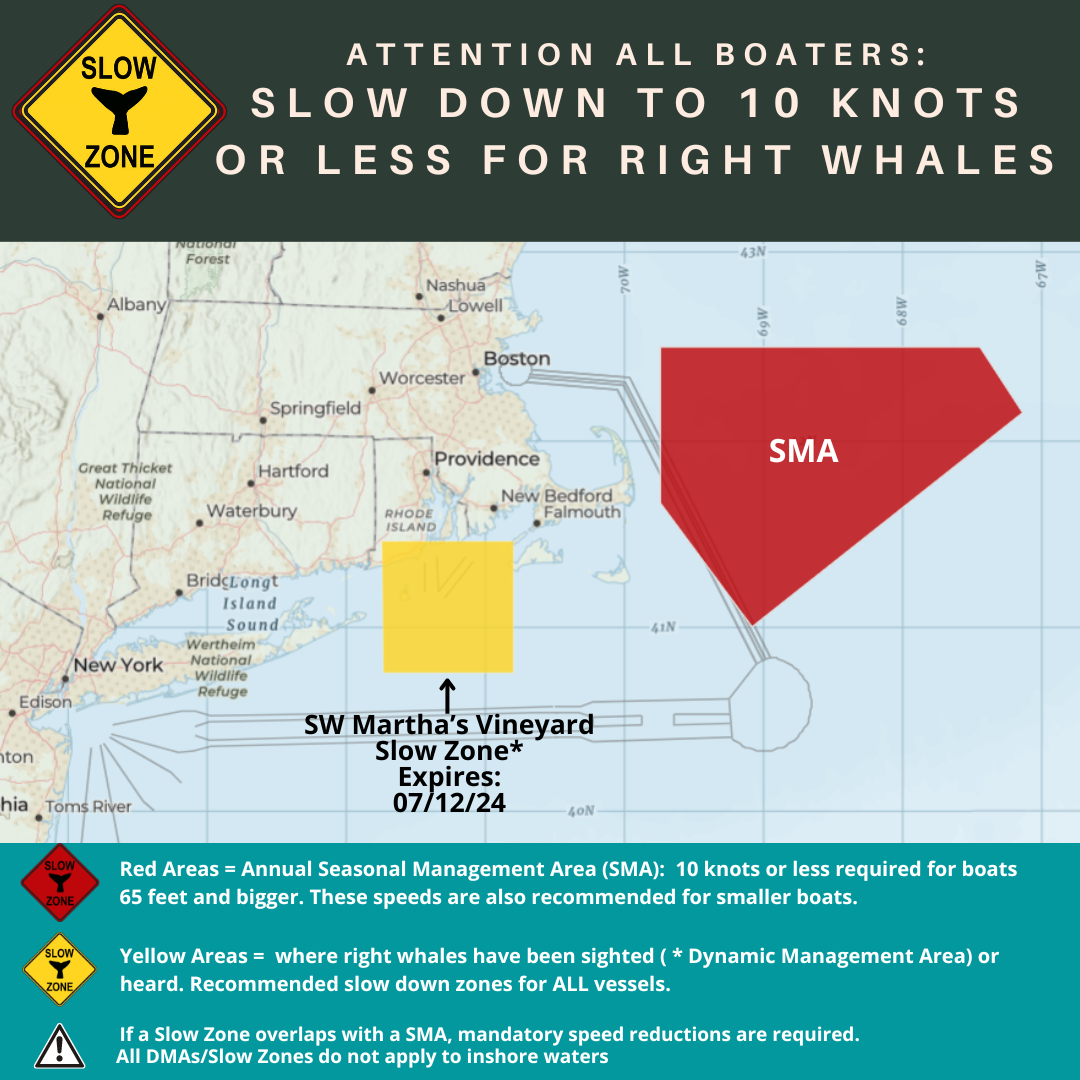 Map of current right whale slow zones. New Right Whale Slow Zone: SW Martha’s Vineyard, MA  Effective Through July 12.
