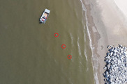 aerial view of three turtles circled in red near a small boat and a sandy beach