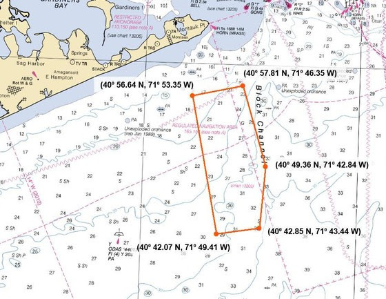 Approximate boundaries of fixed gear fishing area in proximity to Long Island.