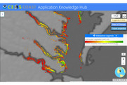 A screenshot of map-based data from NOAA Satellites showing where SAV habitat is located in the Middle Peninsula Habitat Focus Area.