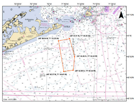 Approximate boundaries of fixed gear fishing area in proximity to Long Island.