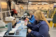 Dr. Gurney-Smith picking scallop larvae under the microscope while Katyanne Shoemaker loads larvae into the respiration chamber plate. 