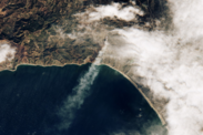 Aerial satellite view of the Palisades fire at 10:45 a.m. Pacific Time on January 7, 2025, soon after ignition