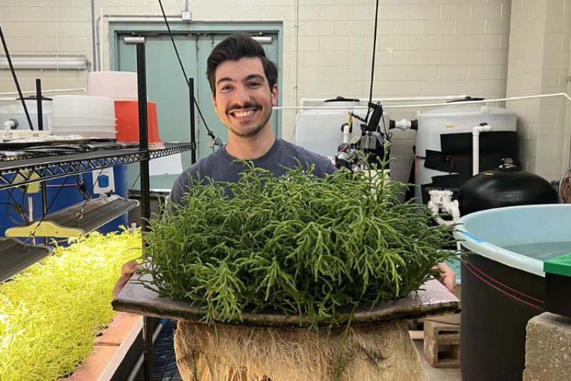 A seafood grower poses with growing seaweed.